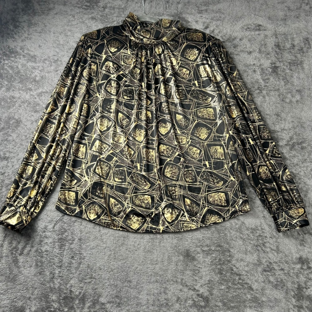 Lauren Lee Vintage Gold Black Geometric Mock Neck Blouse Long Sleeve Top size 12